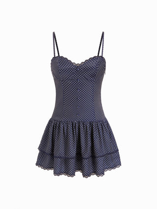 Polka Dot Sweetheart Neck Lace Trim Tiered Ruffled Mini Dress