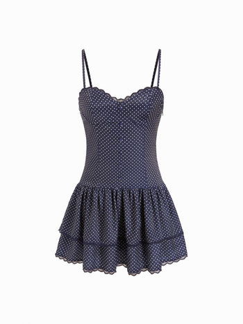 Polka Dot Sweetheart Neck Lace Trim Tiered Ruffled Mini Dress