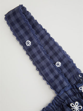 Cotton-blend Gingham Floral Lace Trim Tie Front Crop Cami Blouse