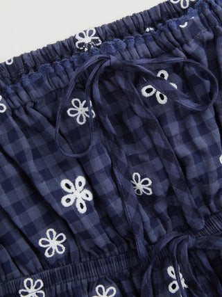 Cotton-blend Gingham Floral Lace Trim Tie Front Crop Cami Blouse