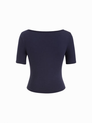 High Stretch Boat Neck Short Sleeve Twist Cut Out Ruched Tee