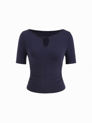 High Stretch Boat Neck Short Sleeve Twist Cut Out Ruched Tee