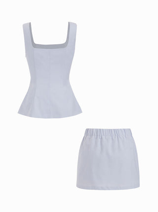 Linen-blend Square Neck Peplum Top & Mid Rise Mini Skirt Set