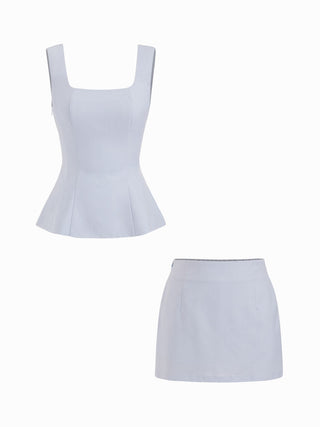 Linen-blend Square Neck Peplum Top & Mid Rise Mini Skirt Set