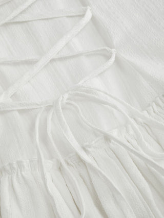 Cotton-blend V-neck Lace Panel Corset Ruffle Hem Flared Cami Mini Dress