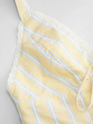 Cotton-blend Striped Sweetheart Neck Lace Trim Backless Flared Mini Dress