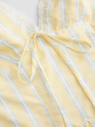 Cotton-blend Striped Sweetheart Neck Lace Trim Backless Flared Mini Dress