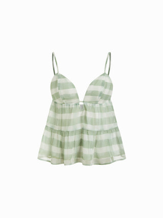 Woven Stripe Sweetheart Backless Ruffle Hem Oversized Cami Blouse For Daily Casual Vacation