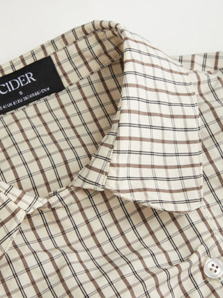 Cotton-blend Plaid Puff Sleeve Ruched Blouse
