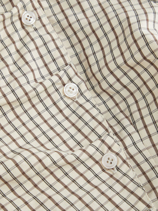 Cotton-blend Plaid Puff Sleeve Ruched Blouse