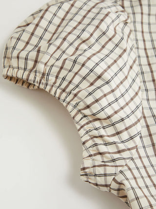 Cotton-blend Plaid Puff Sleeve Ruched Blouse