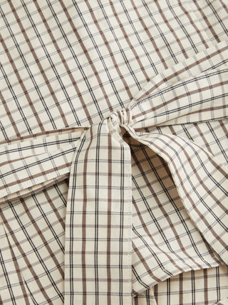 Cotton-blend Plaid Puff Sleeve Ruched Blouse