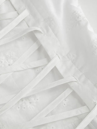 Cotton-blend Broderie Anglaise V-neck Lace Up Ruched A-line Mini Dress