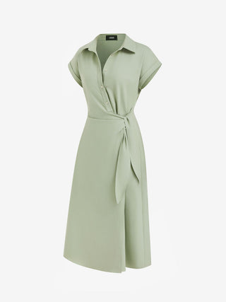 Linen-blend Short Sleeve Twist Knotted Shirt Midi Dress