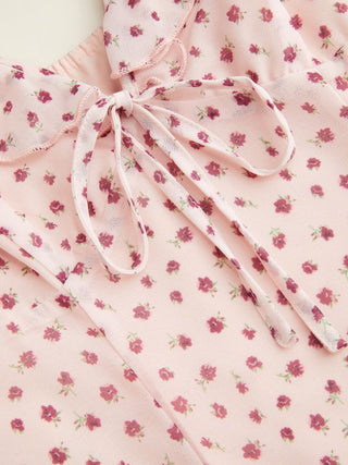 Chiffon Floral Sweetheart Ruffle Sleeve Tie Front A-line Mini Dress