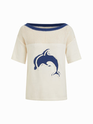 Knit Cotton-blend Crochet Dolphin Graphic Boat Neck Oversized Short Sleeve Top