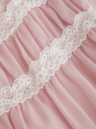 Square Neck Puff Sleeve Lace Trim Bowknot Ruched Oversized Blouse