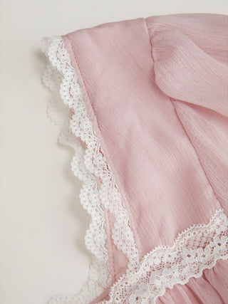 Square Neck Puff Sleeve Lace Trim Bowknot Ruched Oversized Blouse