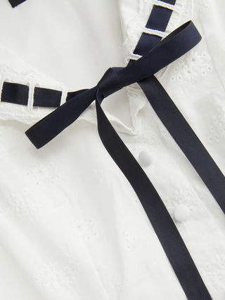Cotton Broderie Anglaise Contrast Bowknot Flared Mini Dress