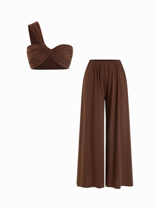 Asymmetrical Neck Ruched Top & High Rise Wide Leg Trousers Set