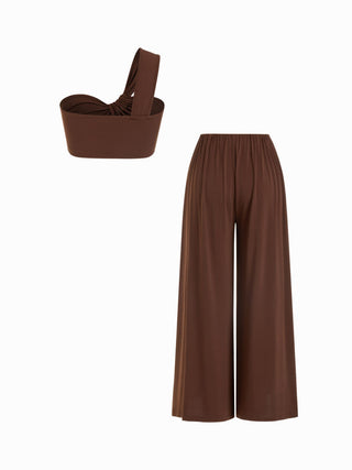 Asymmetrical Neck Ruched Top & High Rise Wide Leg Trousers Set