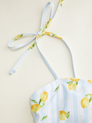 Knit Fabric Square Neck Lemon Graphic Stripe Tie Shoulder Hanky Hem Tankini Bikini Set For Vacation Swimming Pool Beach