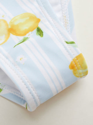 Knit Fabric Square Neck Lemon Graphic Stripe Tie Shoulder Hanky Hem Tankini Bikini Set For Vacation Swimming Pool Beach