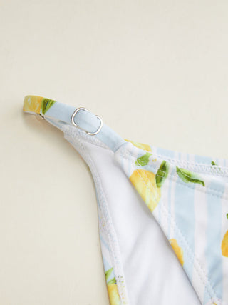 Knit Fabric Square Neck Lemon Graphic Stripe Tie Shoulder Hanky Hem Tankini Bikini Set For Vacation Swimming Pool Beach