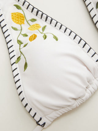 Knit Fabric Halter Lemon Embroidery Contrast Binding Triangle Tie Side Bikini Set For Vacation Holiday Beach