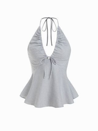Cotton-blend Striped Halter Neckline Drawstring Peplum Hem Top