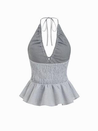 Cotton-blend Striped Halter Neckline Drawstring Peplum Hem Top