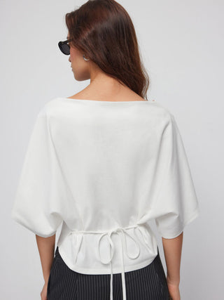Cotton-blend Boat Neck Batwing Sleeve Drawstring Tee