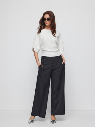 Cotton-blend Boat Neck Batwing Sleeve Drawstring Tee