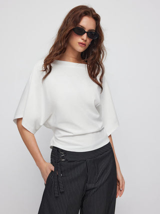 Cotton-blend Boat Neck Batwing Sleeve Drawstring Tee