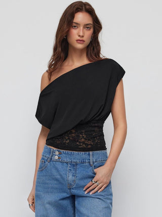 Asymmetrical Neck Floral Lace Ruched Top
