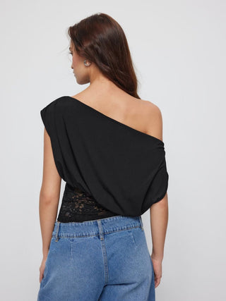 Asymmetrical Neck Floral Lace Ruched Top