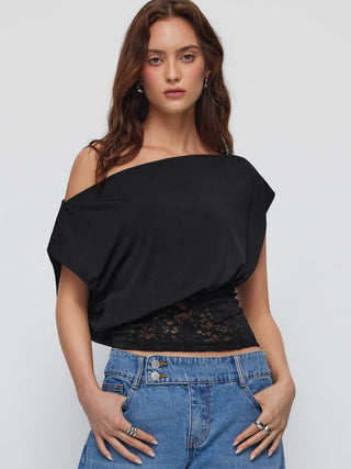 Asymmetrical Neck Floral Lace Ruched Top