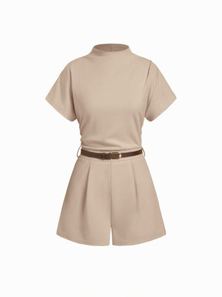 Stand Collar Romper With Belt