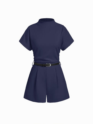 Stand Collar Romper With Belt