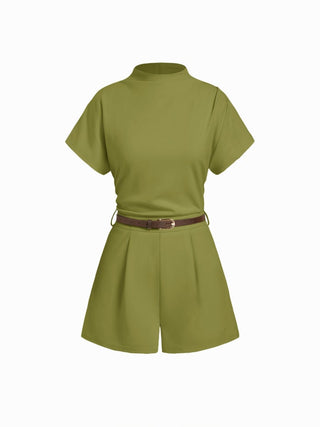 Stand Collar Romper With Belt