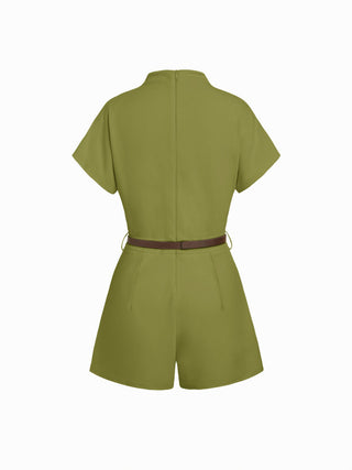 Stand Collar Romper With Belt