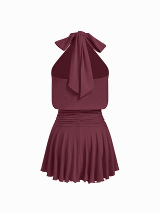 Stand Collar Sleeveless A-Line Mini Dress with Scarf