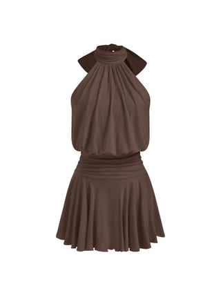 Stand Collar Sleeveless A-Line Mini Dress with Scarf