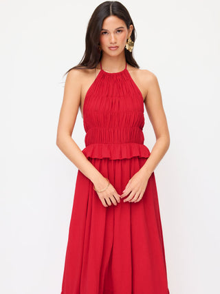 Chiffon Halter Neckline Shirred Ruffled Flared Maxi Dress