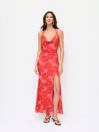 Floral Mesh Halter Neck Asymmetrical Split Mermaid Maxi Dress