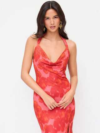 Floral Mesh Halter Neck Asymmetrical Split Mermaid Maxi Dress