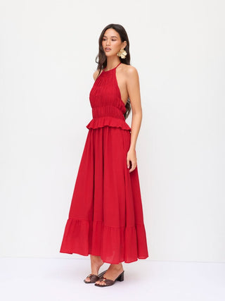 Chiffon Halter Neckline Shirred Ruffled Flared Maxi Dress