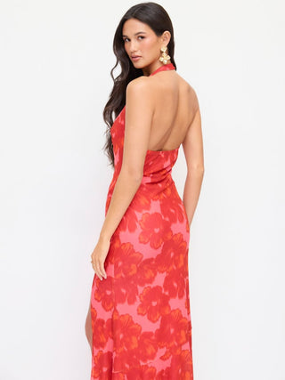 Floral Mesh Halter Neck Asymmetrical Split Mermaid Maxi Dress