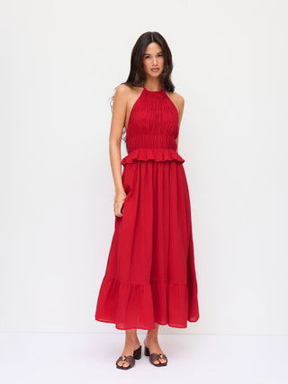 Chiffon Halter Neckline Shirred Ruffled Flared Maxi Dress