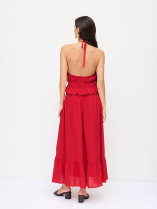 Chiffon Halter Neckline Shirred Ruffled Flared Maxi Dress